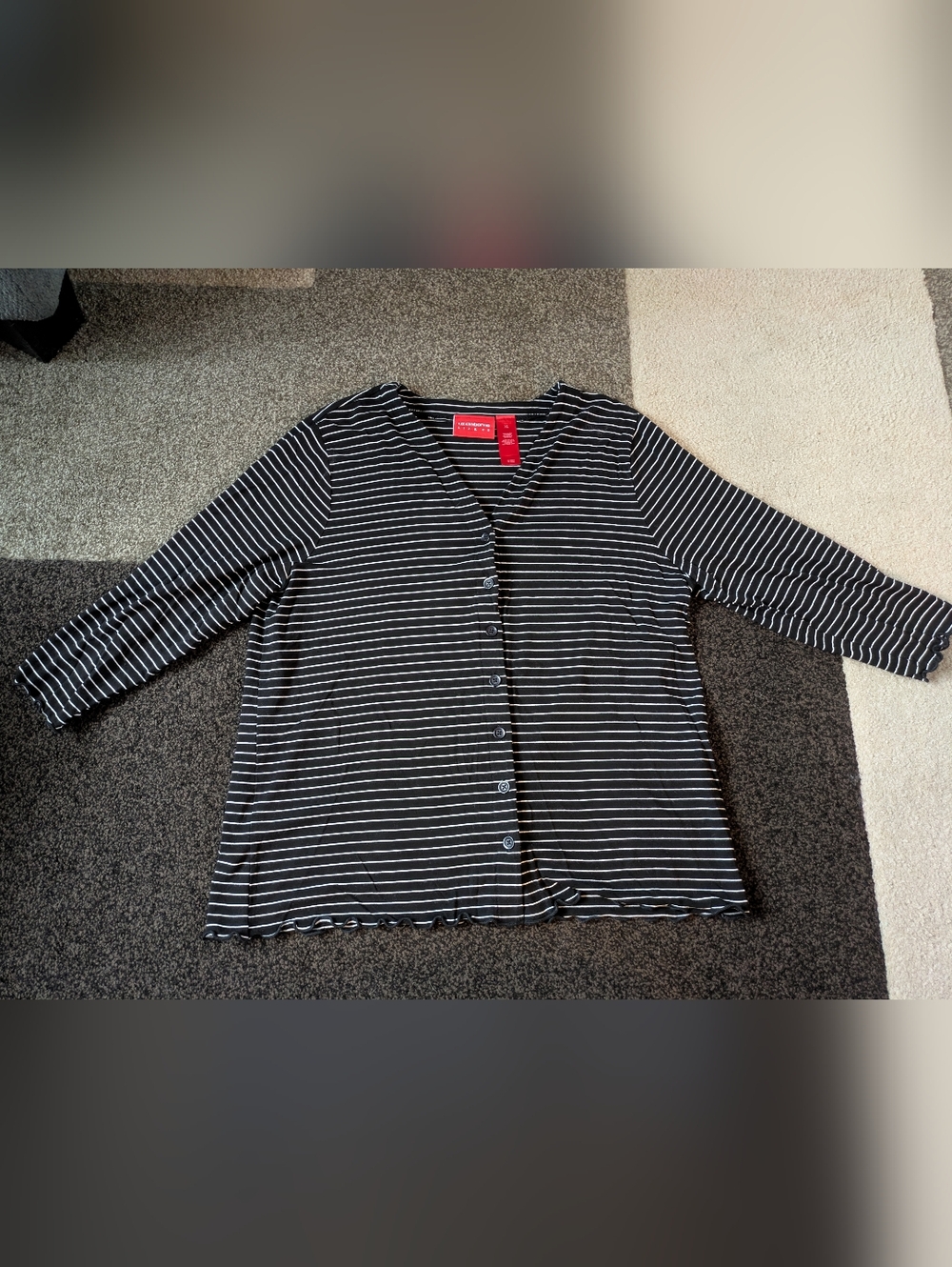 Striped Black White 3/4 Sleeve Button Blouse